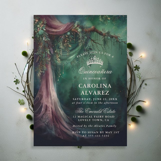 Invitation Conte de la forêt enchantée Magique Quinceañera (enchanted forest quinceanera emerald green mauve purple veil woodland fairy tale faerie magic invite)