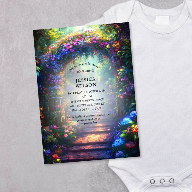 Invitation Conte fée d'été Baby shower forestier enchanté (colorful enchanted garden with floral arch baby shower invitation)