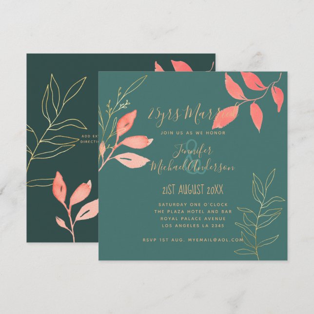 Invitation Contemporain ANNIVERSAIRE DE MARIAGE Corail Turquo (Devant / Derrière)