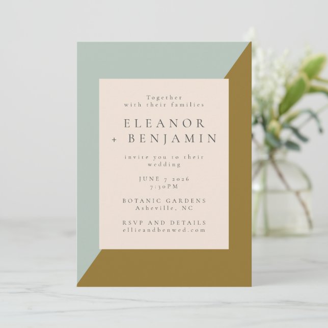 Invitation Contemporain bleu clair Mustard Olive RSVP Mariage (Debout devant)