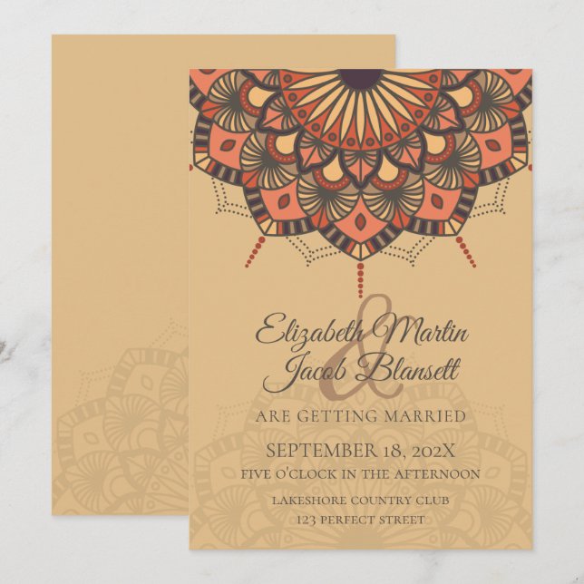Invitation Contemporain Brown Peach Mandala Mariage (Devant / Derrière)