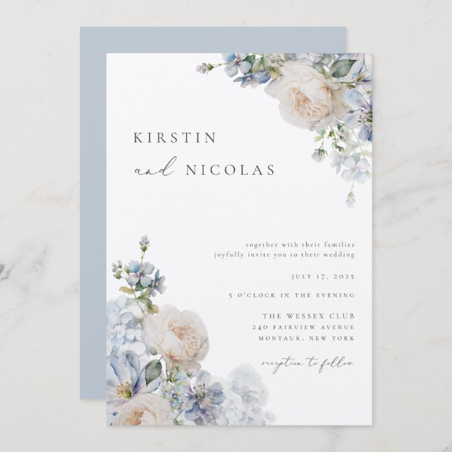 Invitation Contemporain Chic Dusty Blue Garden Floral Mariage (Devant / Derrière)