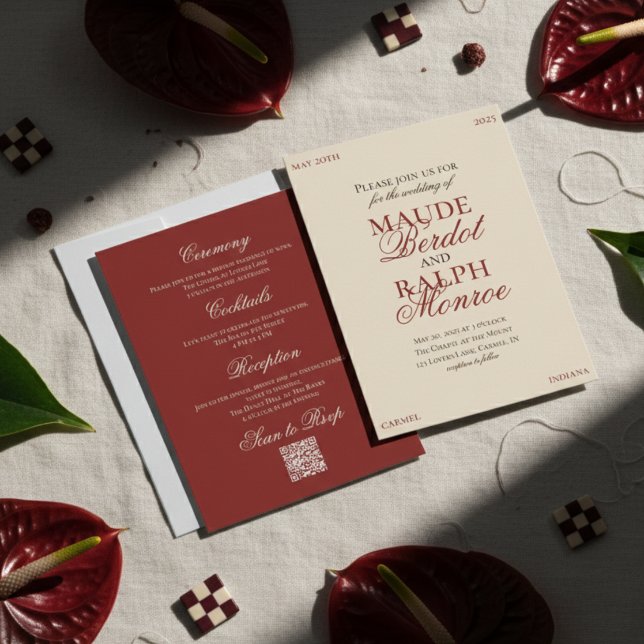 Invitation Contemporain Vieille Fortune Rouge Gras Mariage (Luxury Classic Red Wedding Suite Theme with options to personalize for your special day!)
