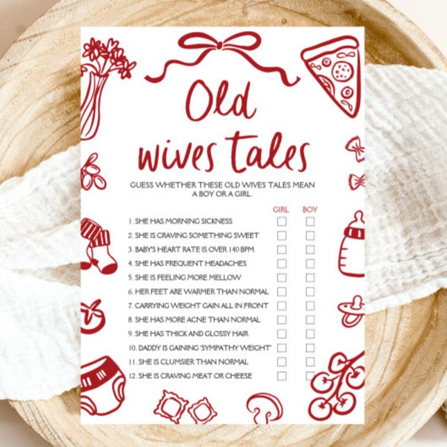 Invitation Contes de bonnes femmes dessinés à la main rouge J (Red Hand Drawn Old Wives Tales Baby Shower Game)