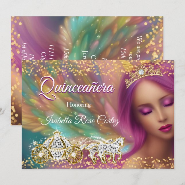 Invitation Contes de fées Quinceañera Violet Rose Carrosse Do (Devant / Derrière)