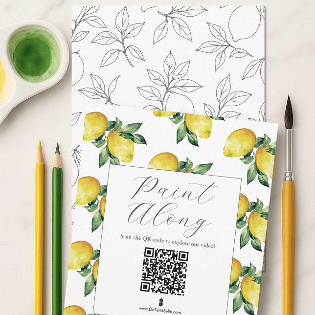 Invitation Contours de motif de citron (lemon outlines for adult coloring or paint and sip party with QR code to how to video)