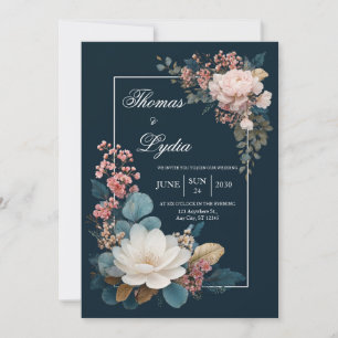 Invitation Contraste Opulent Fleurs Roses Bleu Minuit pour un