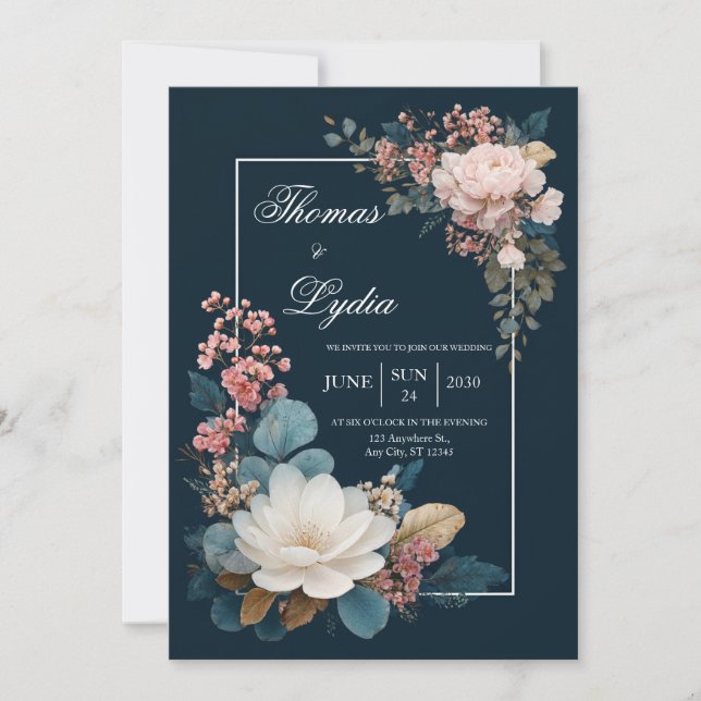 Invitation Contraste Opulent Fleurs Roses Bleu Minuit pour un (Devant)