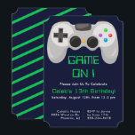 Invitation Contrôleur de jeu Jeu Joueur Thématique Garçons An<br><div class="desc">Contrôleur de jeu vidéo cool,  invitation de fête d'anniversaire pour les garçons sur le thème du joueur. Arrière - plan bleu foncé avec support motif rayé vert et bleu. Plusieurs lignes de texte modèle pour vos informations.</div>