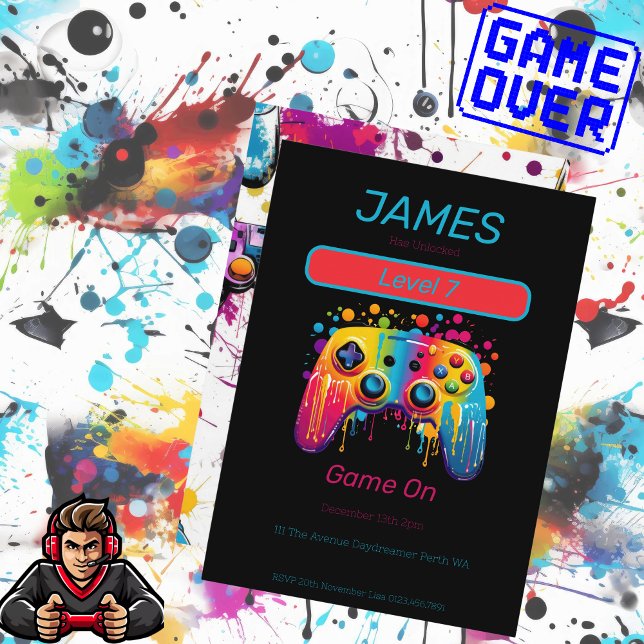 Invitation Contrôleur de jeu vidéo niveau 7 Anniversaire (Video Control Level 7 Birthday Invitation)