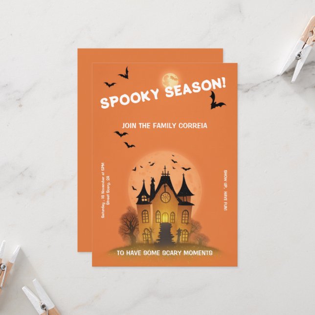 Invitation Convite Festa de Haloween Laranja com Mansão (Devant/Arrière en situation)