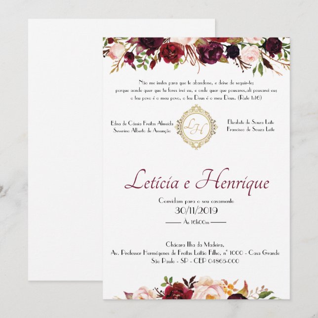 Invitation Convite para Casamento - Marsala | Frente (Devant / Derrière)