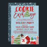 Invitation Cookie Exchange Red Blue Corporate Holiday<br><div class="desc">Cette invitation à la fête d'entreprise à thème, mignonne et amusante, est parfaite pour créer l'ambiance festive de votre événement saisonnier. Il représente des biscuits de Noël dessinés à la main en rouge, blanc, vert, noir et bleu, à côté d'une citation de typographie, "Cookie Exchange", sur le dessus d'un arrière...</div>
