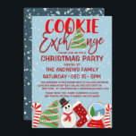 Invitation Cookie Exchange Red Blue Illustrations Noël<br><div class="desc">Cette invitation à la fête de Noël à thème, mignonne et amusante, est parfaite pour créer l'ambiance festive de votre événement saisonnier. Il représente des biscuits de Noël dessinés à la main en rouge, blanc, vert, noir et bleu, à côté d'une citation de typographie, "Cookie Exchange", sur le dessus d'un...</div>