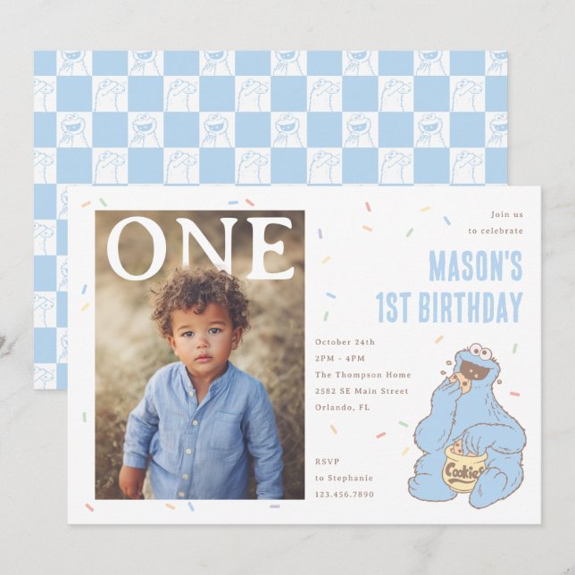 Invitation Cookie Monster Blue Confetti First Birthday (Devant / Derrière)