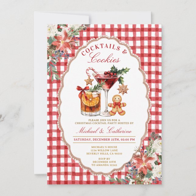 Invitation Cookies & Cocktails Conviviale Gingham Rouge Rusti (Devant)