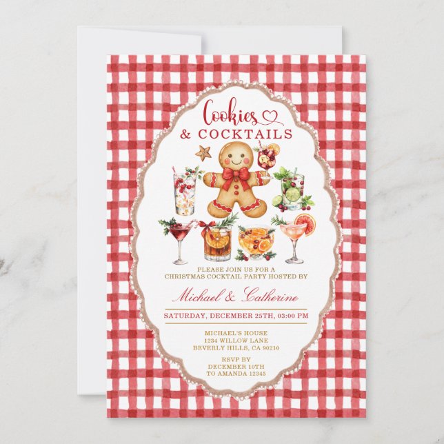 Invitation Cookies & Cocktails Hiver Noël Rouge Gingham (Devant)