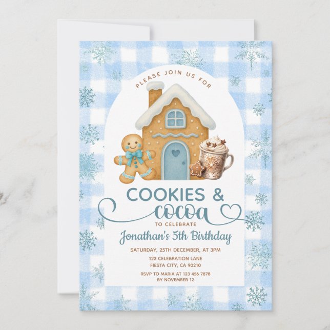 Invitation Cookies & Cocoa Anniversaire Flocons de Neige Ging (Devant)