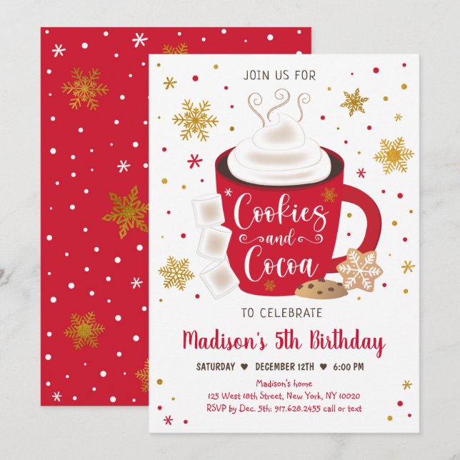 Invitation Cookies et anniversaire d'hiver Rouge Or Cocoa (Devant / Derrière)