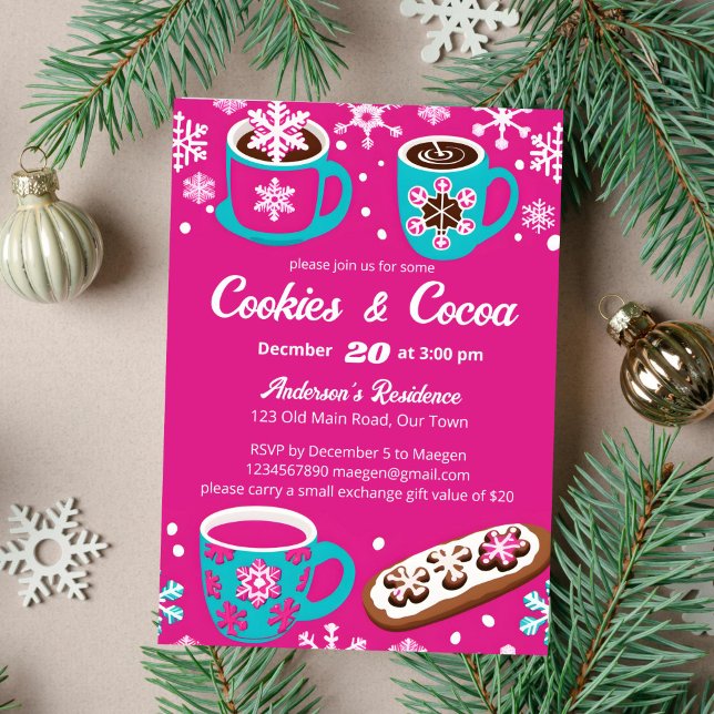 Invitation Cookies et cacao super rétro modèle (Cookies and cocoa groovy retro template invitation instant download pink and teal colors cups )