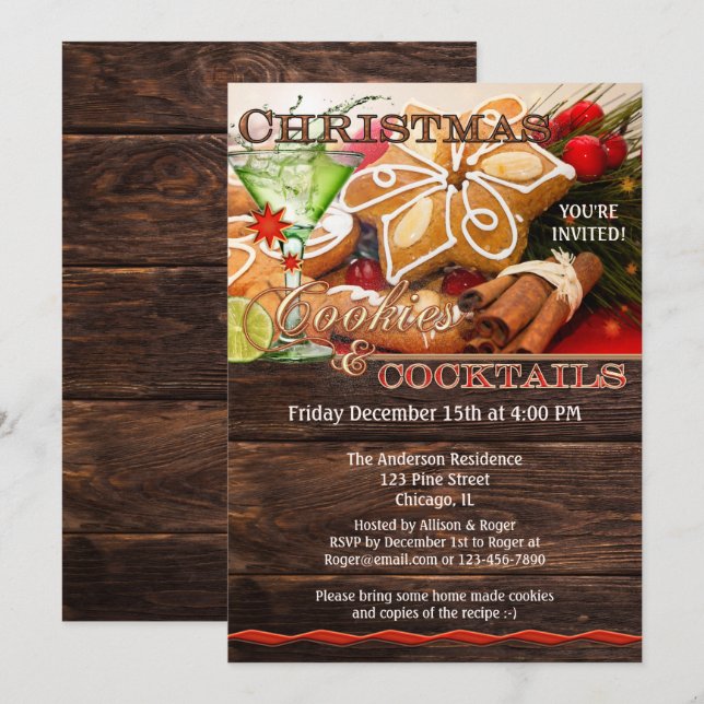 Invitation Cookies et cocktails Cookie Swap Noël (Devant / Derrière)