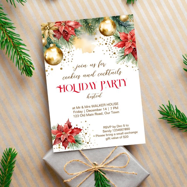 Invitation Cookies et cocktails Dîner de Noël (Cookies and cocktails Christmas holiday party editable template invitation digital download gold red)