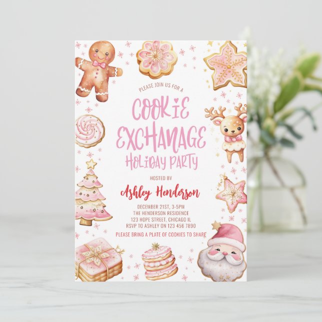 Invitation Cookies Exchange Pink Christmas Holiday Party (Debout devant)