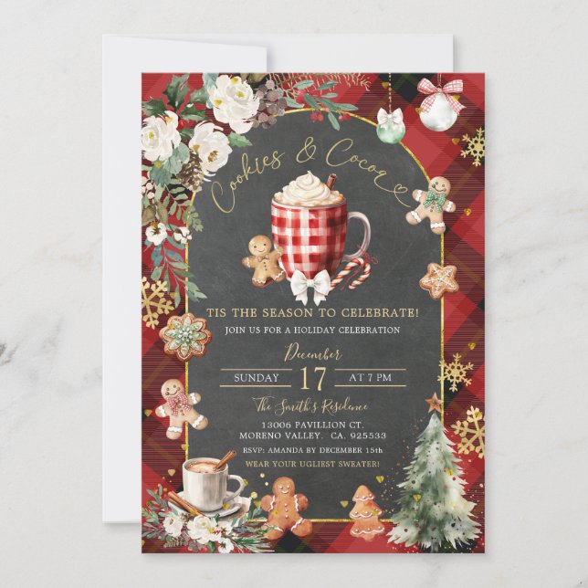 Invitation Cookies Hot Coca Plaid Red Black Christmas Party (Devant)