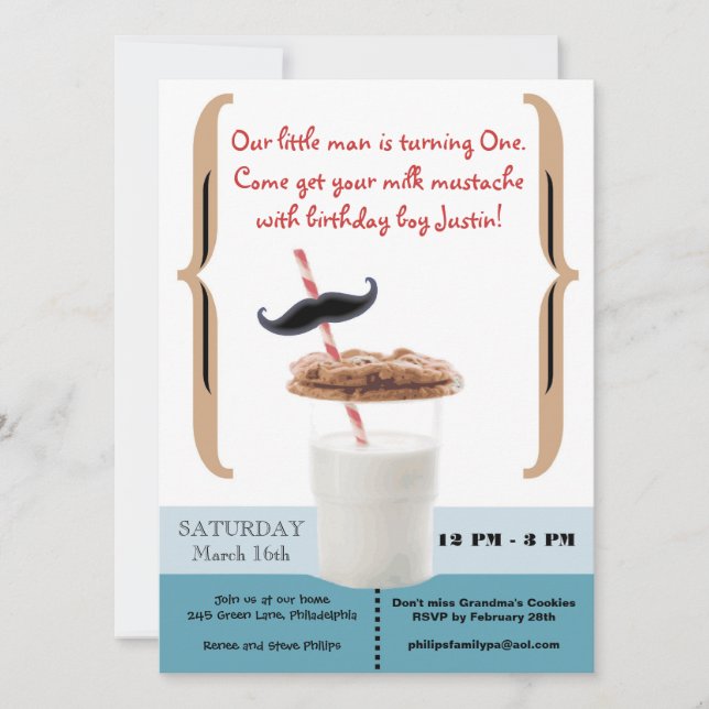 Invitation Cookies & Milk Mustache for First Birthday Boy (Devant)