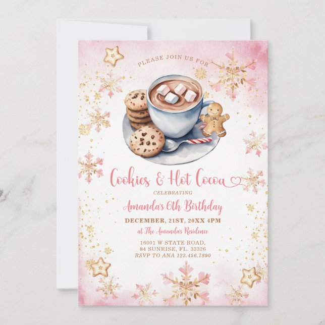 Invitation Cookies roses et cacao chaud Snowflake 6e annivers (Devant)