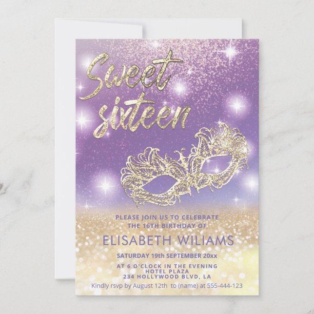 Invitation Cool Adorable Masquerade chic lilas or glittery (Devant)