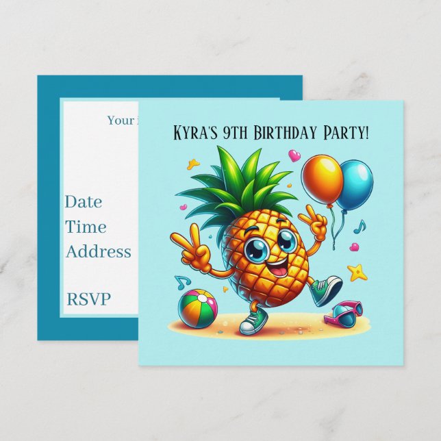 Invitation Cool Anniversaire plage fête d'ananas (Devant / Derrière)