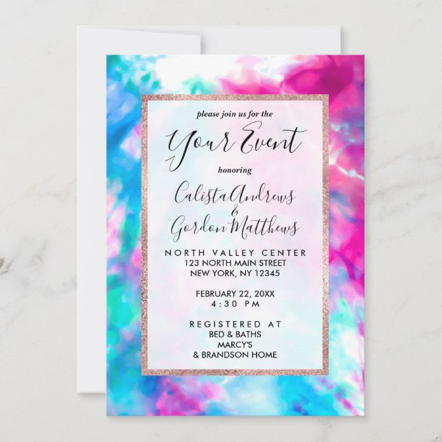 Invitation Cool Artsy Girly Purple Rose Blue Tie Dye Motif (Devant)