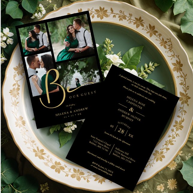 Invitation Cool Black Trendy 4 Multi Photos Collage Wedding (Cool Black Trendy 4 Multi Photos Collage Wedding Invitation Card with Envelope.)