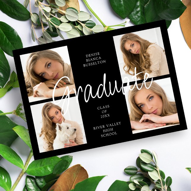 Invitation Cool Black Trendy Collage Graduate 4 Multi Photos (Créateur téléchargé)
