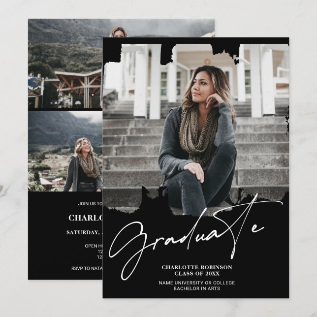 Invitation Cool blanc Noir script de graduation photo graduat (Devant / Derrière)