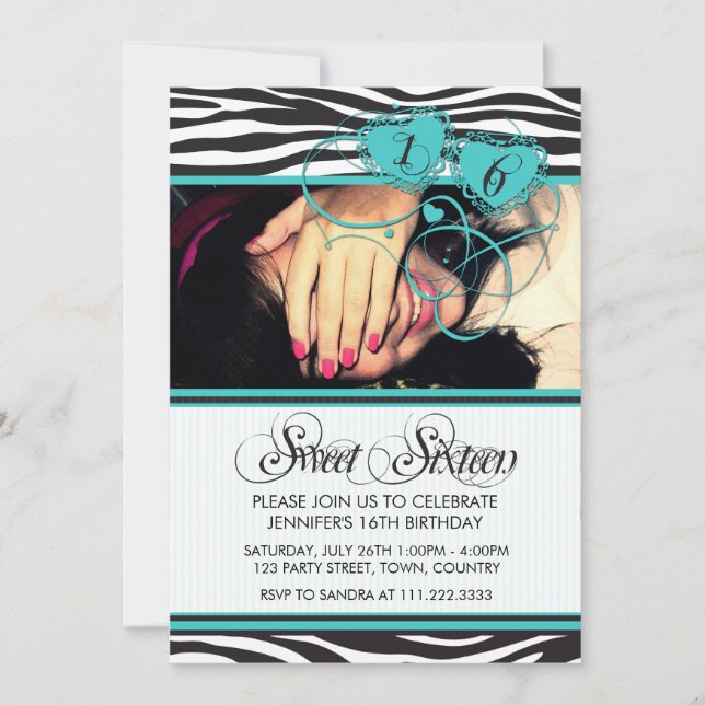 INVITATION COOL BLANC TURQUOISE ZEBRA SWEET SIXTEEN D'IMPRESS (Devant)