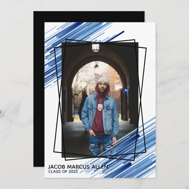 Invitation Cool Bleu Abstrait Photo Graduation (Devant / Derrière)