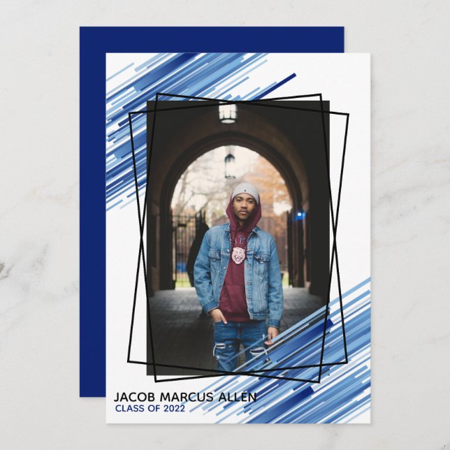 Invitation Cool Bleu Abstrait Photo Graduation (Devant / Derrière)