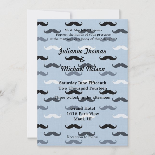 Invitation Cool Blue Mustaches Mariage (Devant)