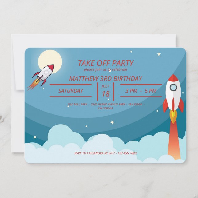 Invitation Cool Blue Red Space Navire Décollage Anniversaire (Devant)