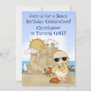 Invitation Cool Boy Beach Baby and Sandcastle 1er anniversair