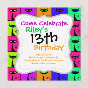 Invitation Cool Colorful Kitty Cat Pop Art