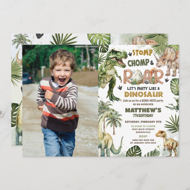Invitation Cool Dinosaures Jurassique Verdure Anniversaire Ph (Devant / Derrière)
