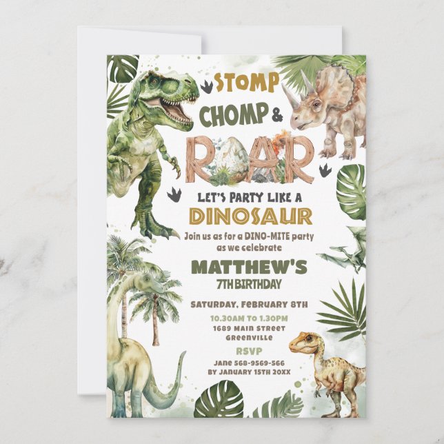 Invitation Cool Dinosaures Jurassique Verdure Roarsome Annive (Devant)