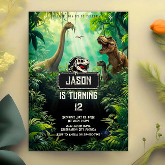 Invitation Cool Dinosaurs World Jurassic Greenery Birthday