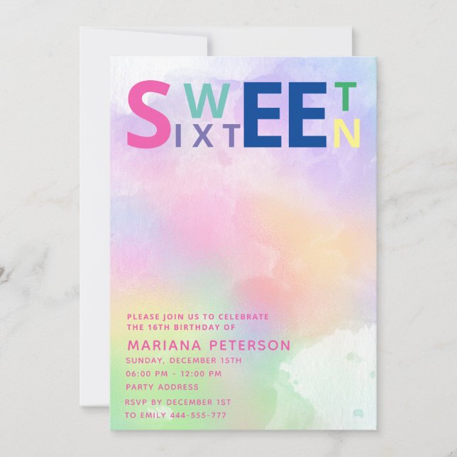 Invitation Cool fun adolescent typographie moderne doux 16 (Devant)