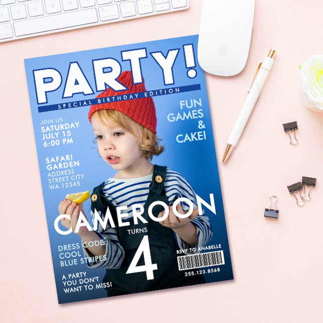 Invitation Cool Fun Blue Special Magazine Cover Kids Birthday (Créateur téléchargé)
