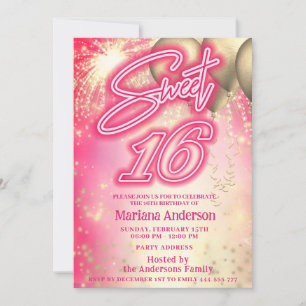 Invitation Cool fun hot rose ballon or scintillant feux d'art