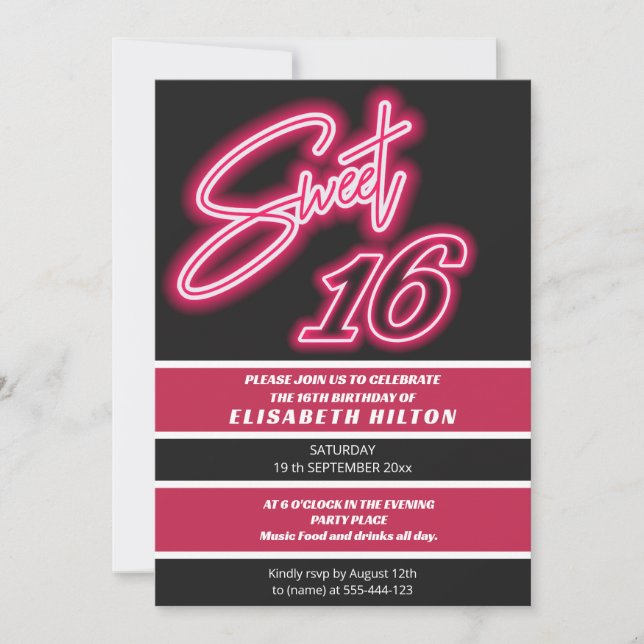 Invitation Cool fun néon typographie rayures doux 16 (Devant)